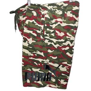 Puma Big‎ Logo Fleece Camo Shorts Mens 2XLT Drawstring Pockets Green Red Tan